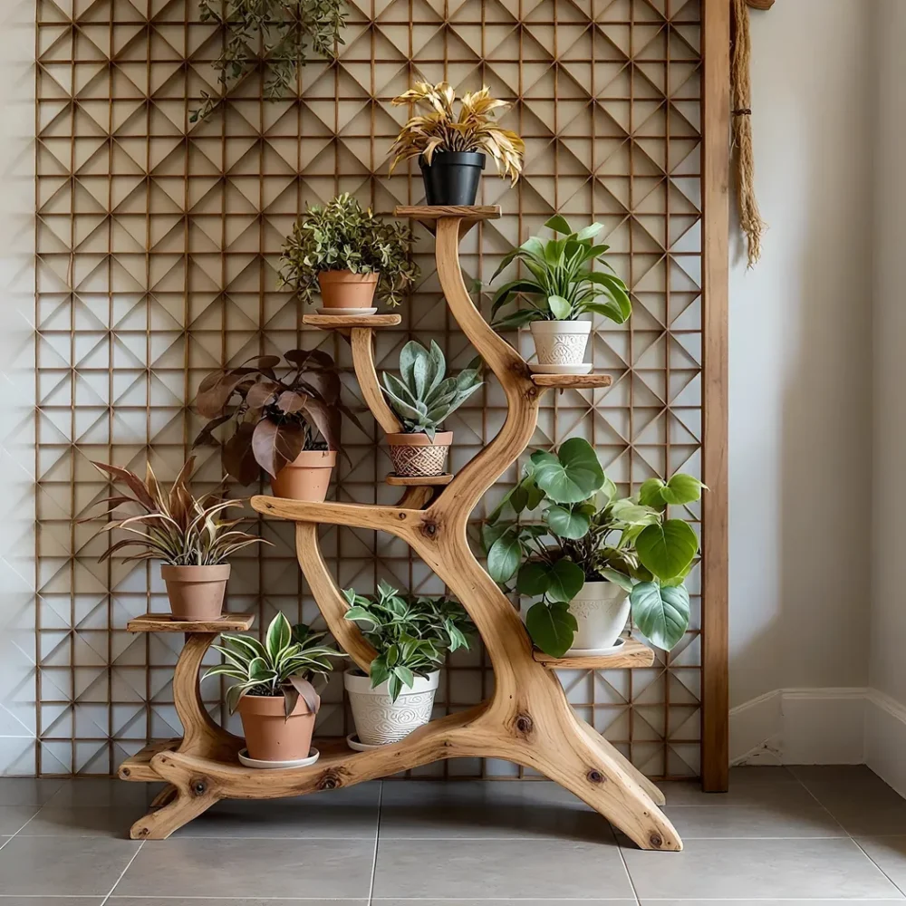 Artistic plant shelf, made of solid wood, home decoration shelf.