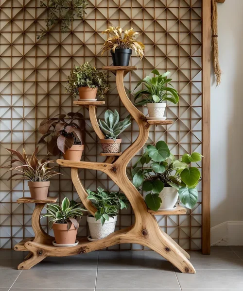Artistic plant shelf, made of solid wood, home decoration shelf.