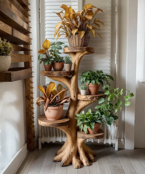Decorative tree stand for living room, solid wood tree stand.