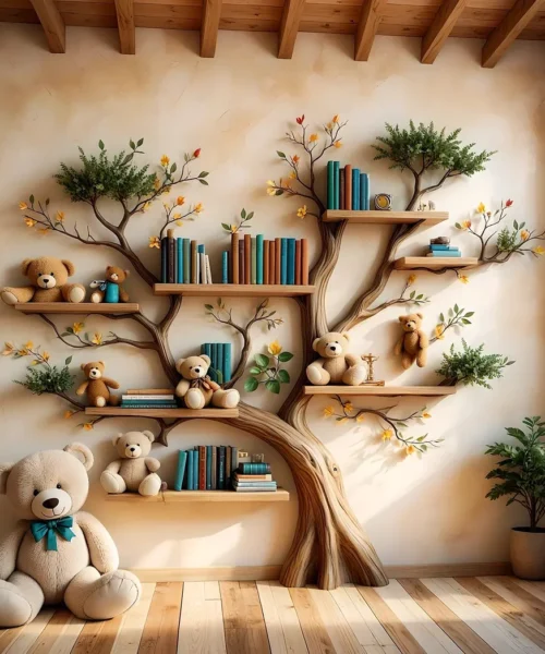 Wooden bookshelf designed in the shape of a tree - Create a joyful study space for children