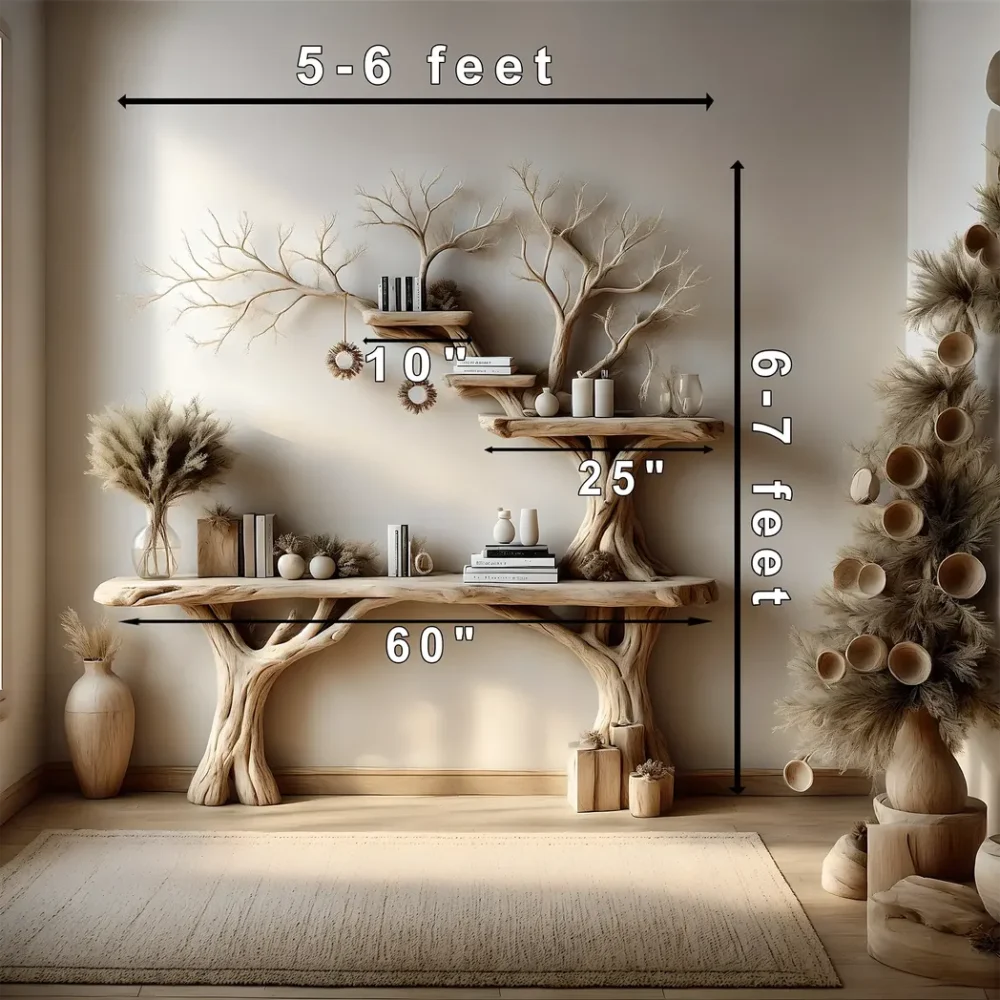 Narrow table with twig bookshelf, Entrance living edge table, Farm table rustic handmade console table natural wood - Image 2