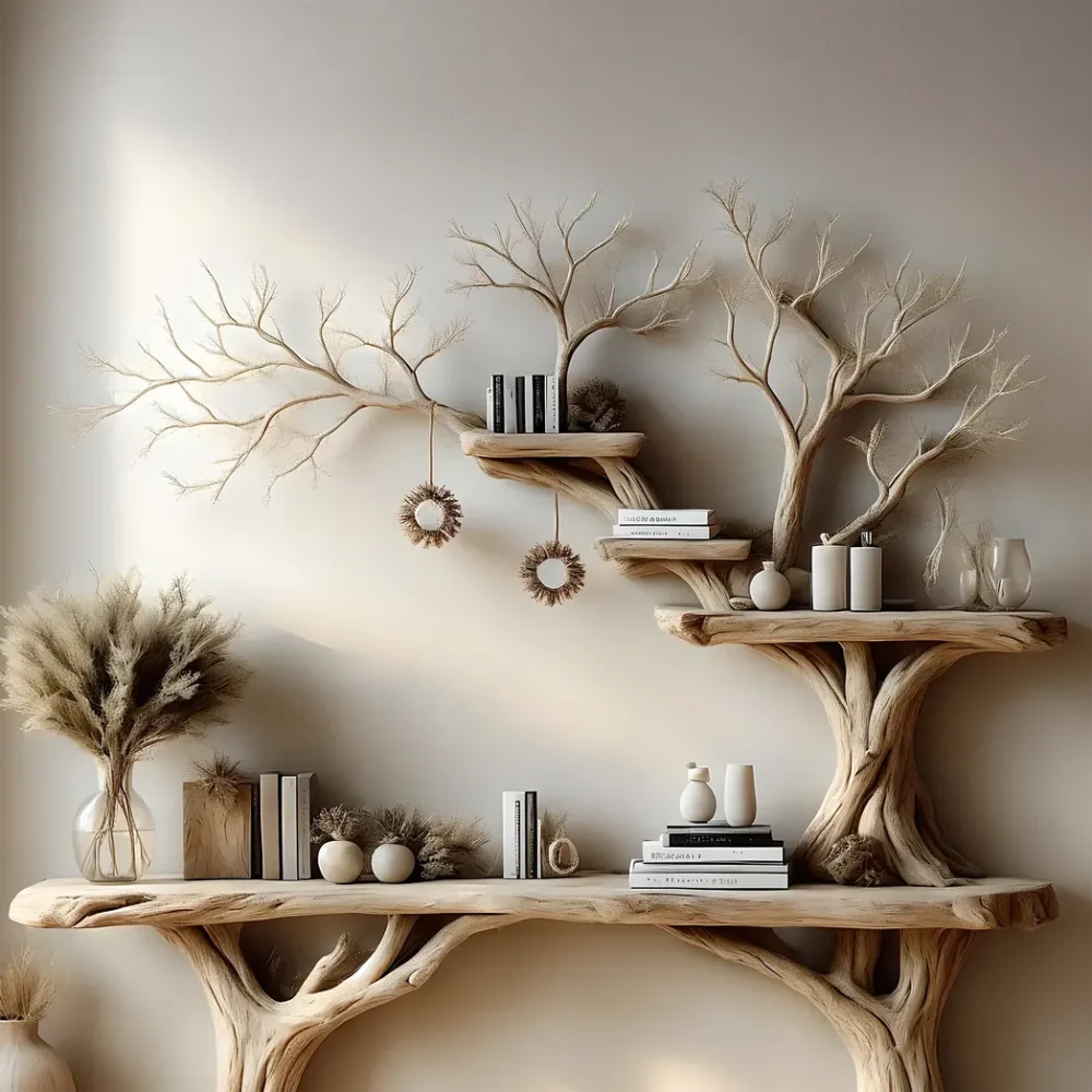 Narrow table with twig bookshelf, Entrance living edge table, Farm table rustic handmade console table natural wood - Image 3