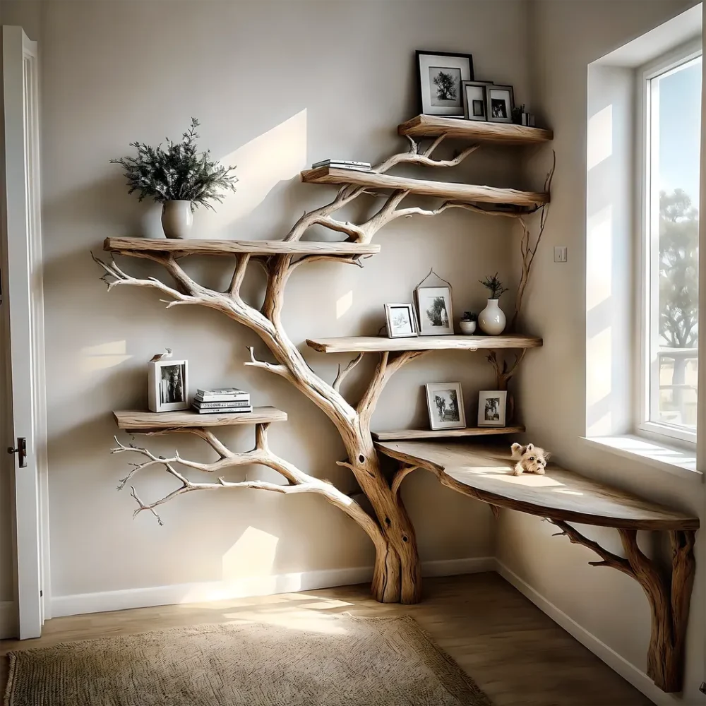 Tree-studded bookshelf, corner shelf living next to solid wood bookshelf on decorative wall