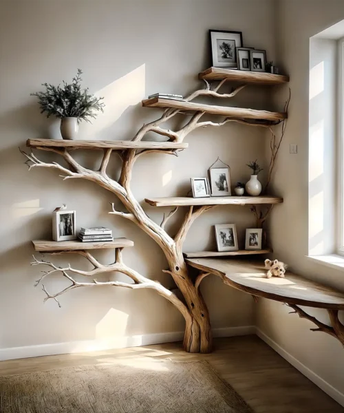 Tree-studded bookshelf, corner shelf living next to solid wood bookshelf on decorative wall