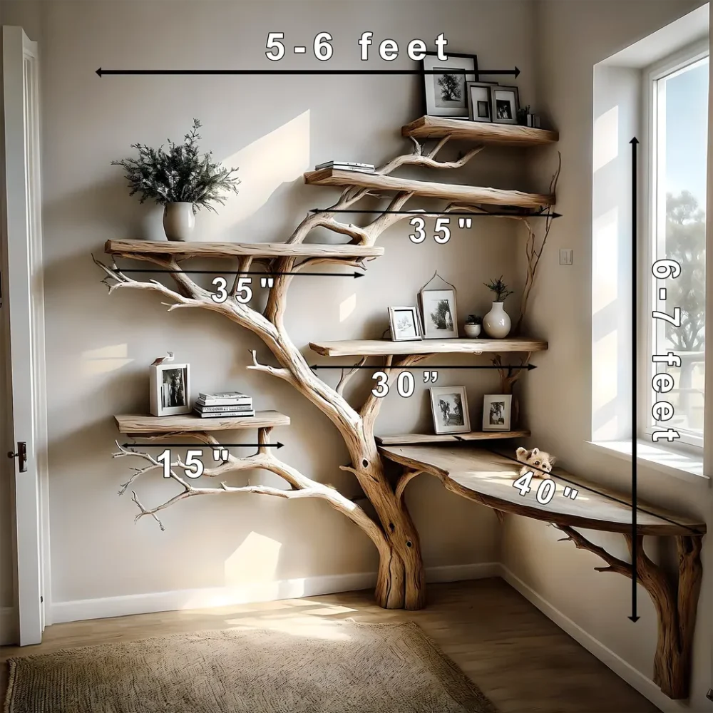 Tree-studded bookshelf, corner shelf living next to solid wood bookshelf on decorative wall - Image 2