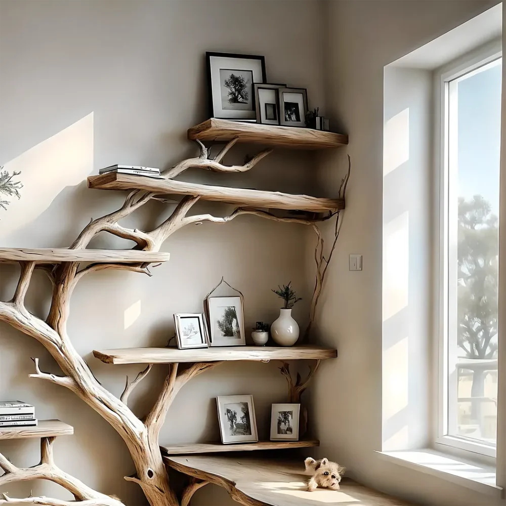 Tree-studded bookshelf, corner shelf living next to solid wood bookshelf on decorative wall - Image 3
