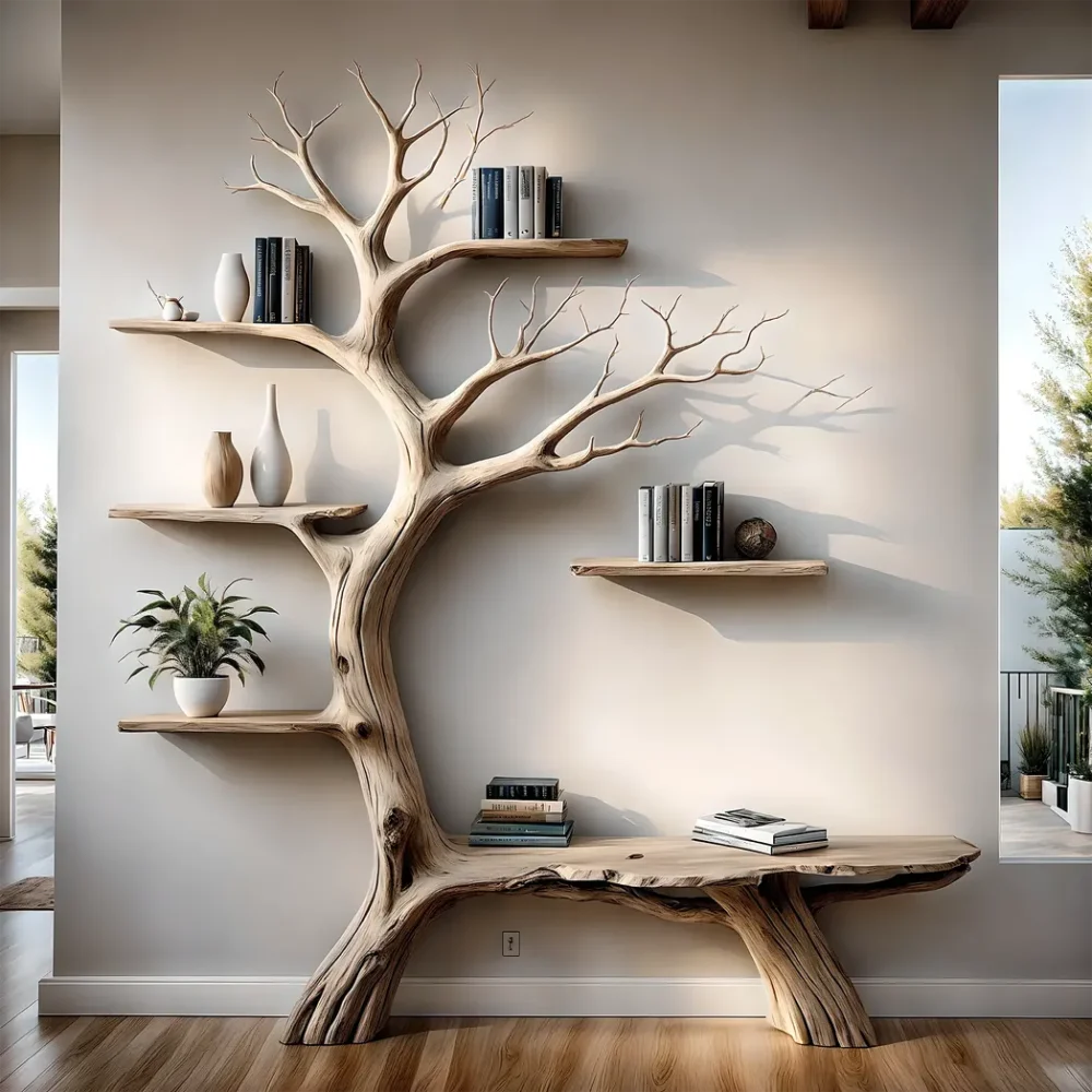 Wooden branch bookshelf, Handmade from natural pine wood, Floating shelf, Children's room decoration