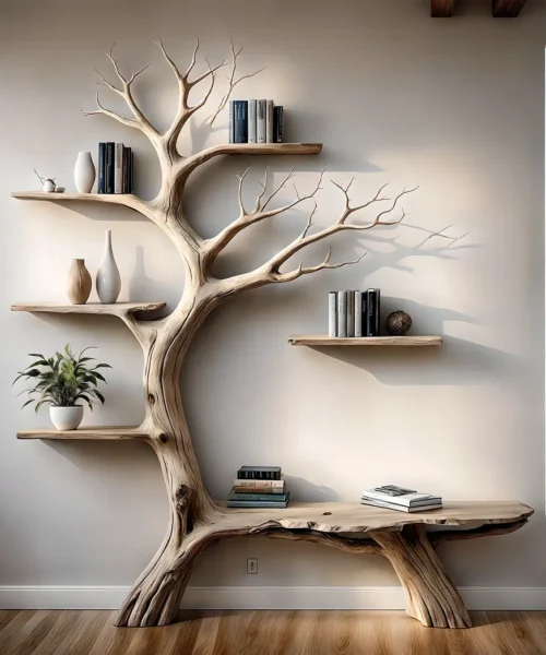 Wooden branch bookshelf, Handmade from natural pine wood, Floating shelf, Children's room decoration