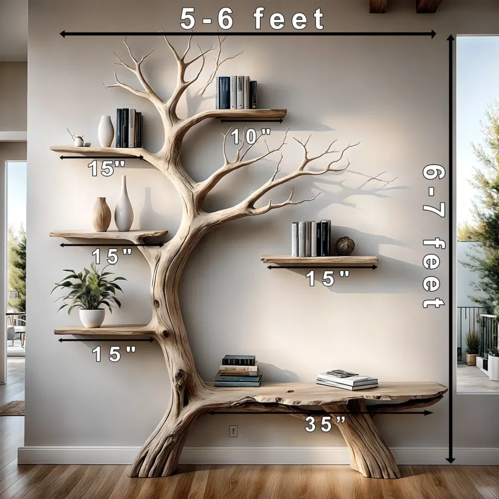 Wooden branch bookshelf, Handmade from natural pine wood, Floating shelf, Children's room decoration - Image 2