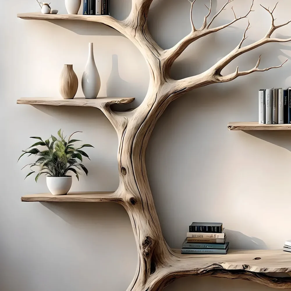 Wooden branch bookshelf, Handmade from natural pine wood, Floating shelf, Children's room decoration - Image 3