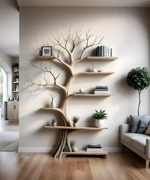 Tree-shaped bookshelf, 100% handmade, solid wood shelf, floating shelf, living room decoration shelf, natural wood shelf