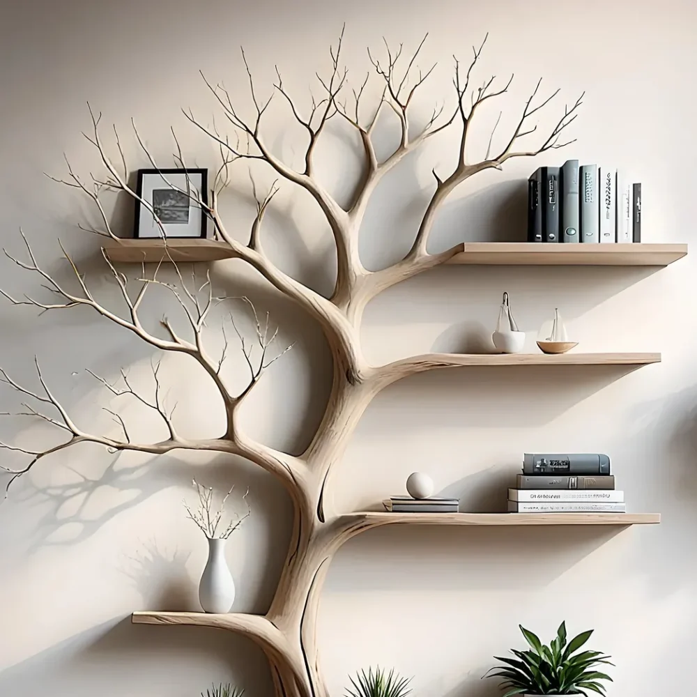 Tree-shaped bookshelf, 100% handmade, solid wood shelf, floating shelf, living room decoration shelf, natural wood shelf - Image 2