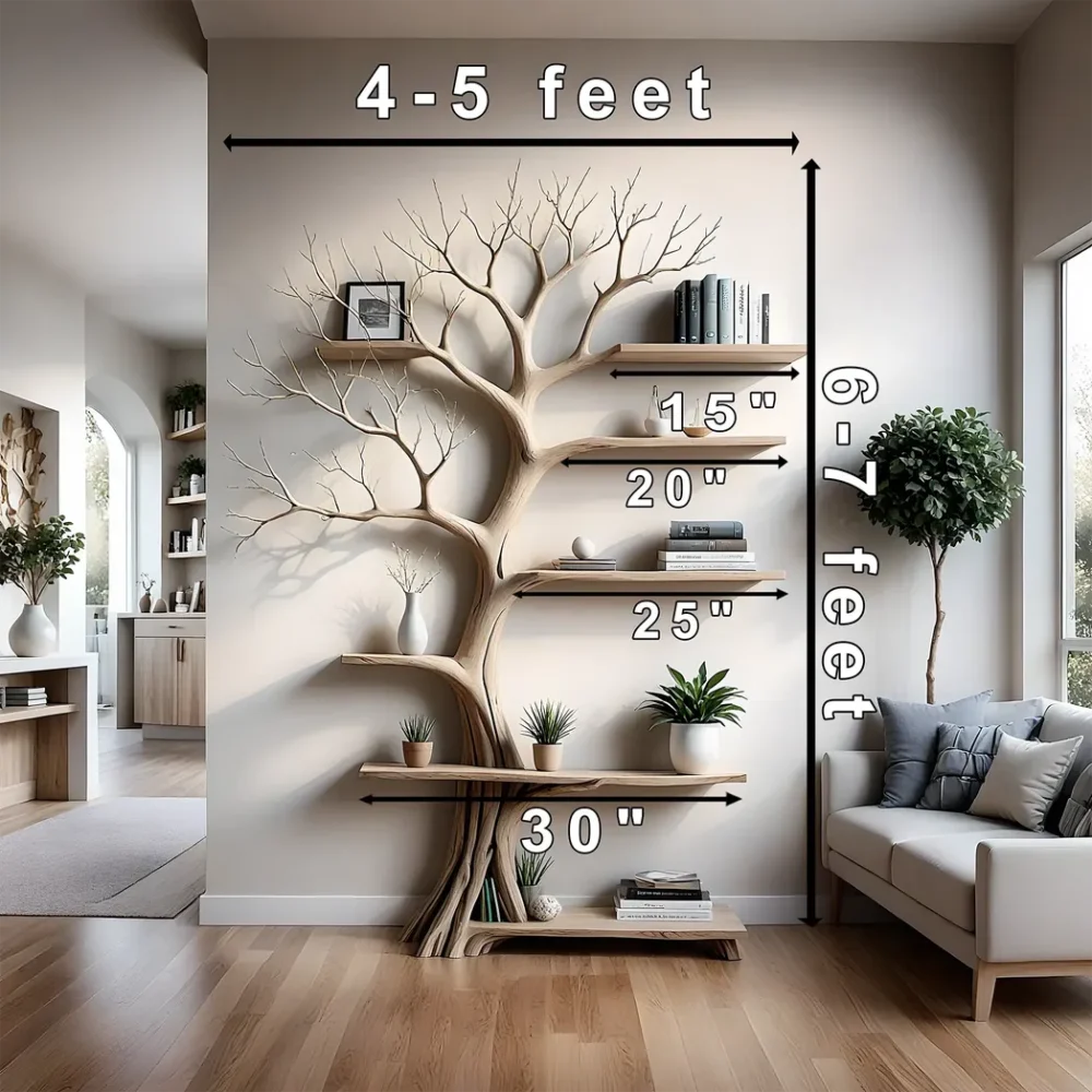 Tree-shaped bookshelf, 100% handmade, solid wood shelf, floating shelf, living room decoration shelf, natural wood shelf - Image 3