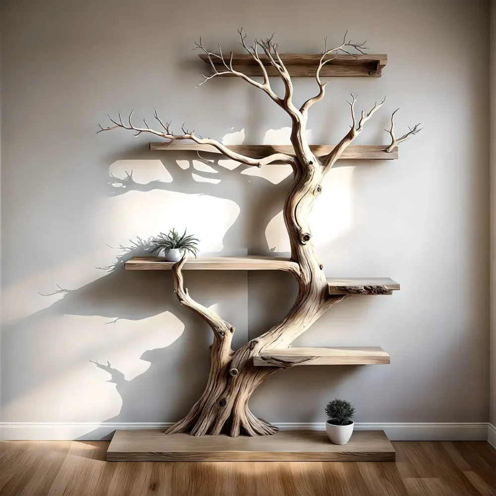 Tree-shaped natural wooden shelves, walnut wood, solid tree shelves,