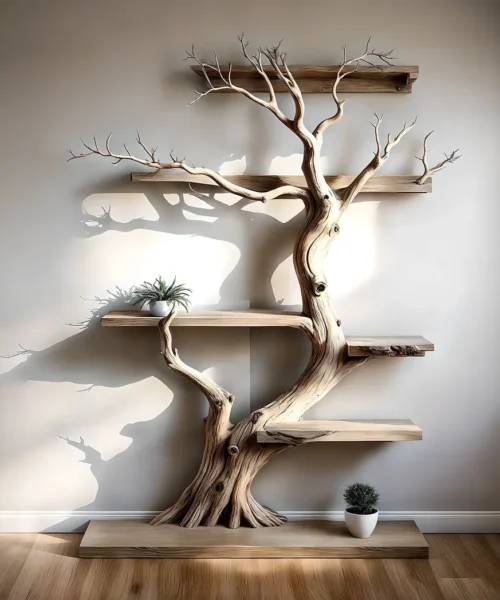 Tree-shaped natural wooden shelves, walnut wood, solid tree shelves,