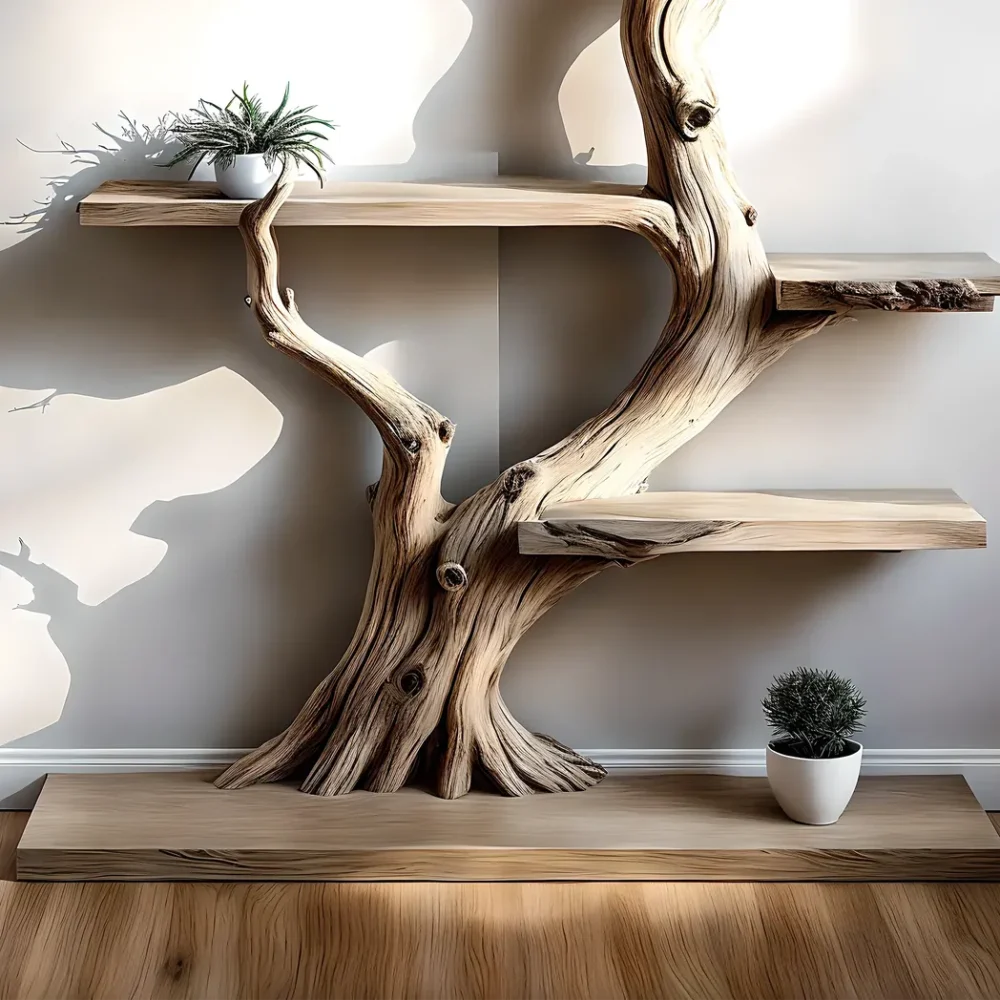 Tree-shaped natural wooden shelves, walnut wood, solid tree shelves, - Image 2