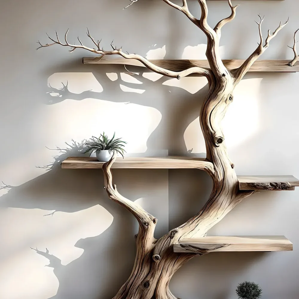 Tree-shaped natural wooden shelves, walnut wood, solid tree shelves, - Image 3