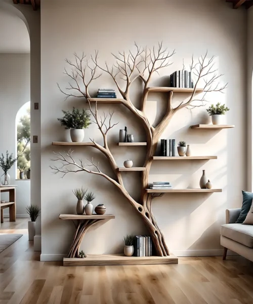 Tree-shaped bookshelf with side table, floating shelf, decorative shelf, children's bookshelf displaying souvenirs