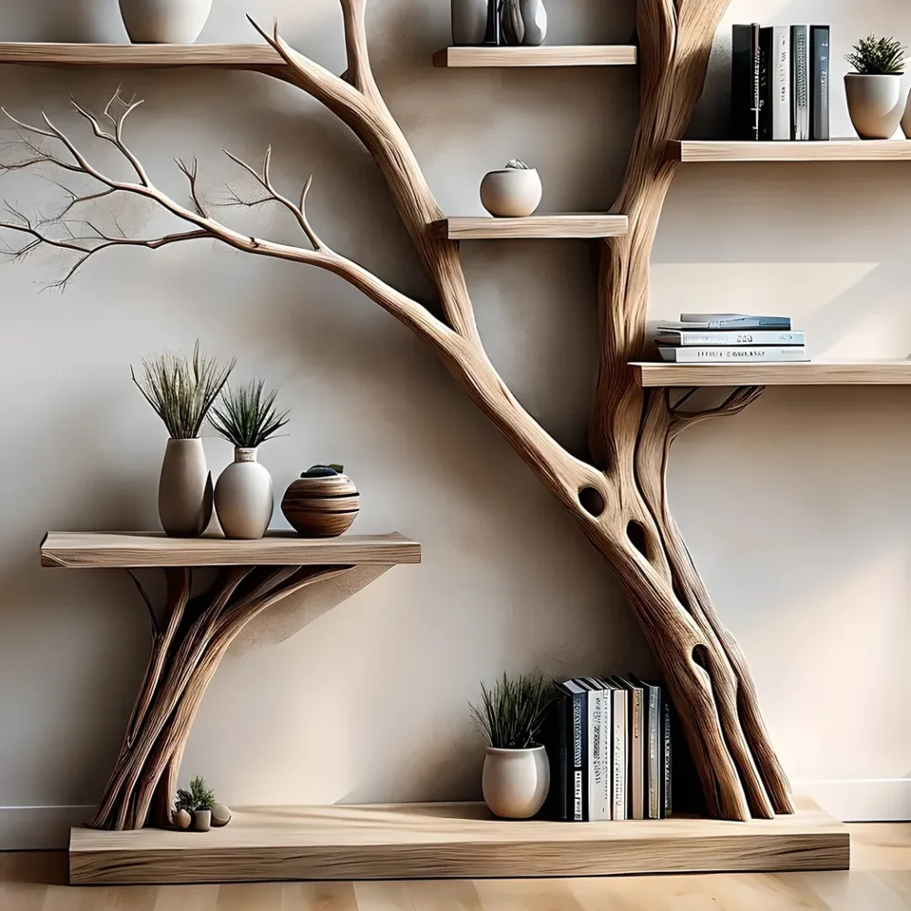 Tree-shaped bookshelf with side table, floating shelf, decorative shelf, children's bookshelf displaying souvenirs - Image 2