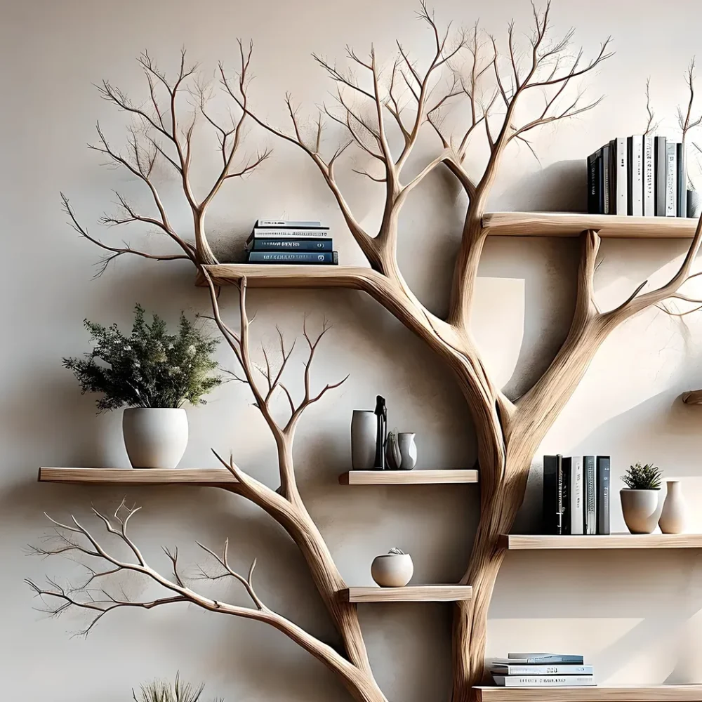 Tree-shaped bookshelf with side table, floating shelf, decorative shelf, children's bookshelf displaying souvenirs - Image 3