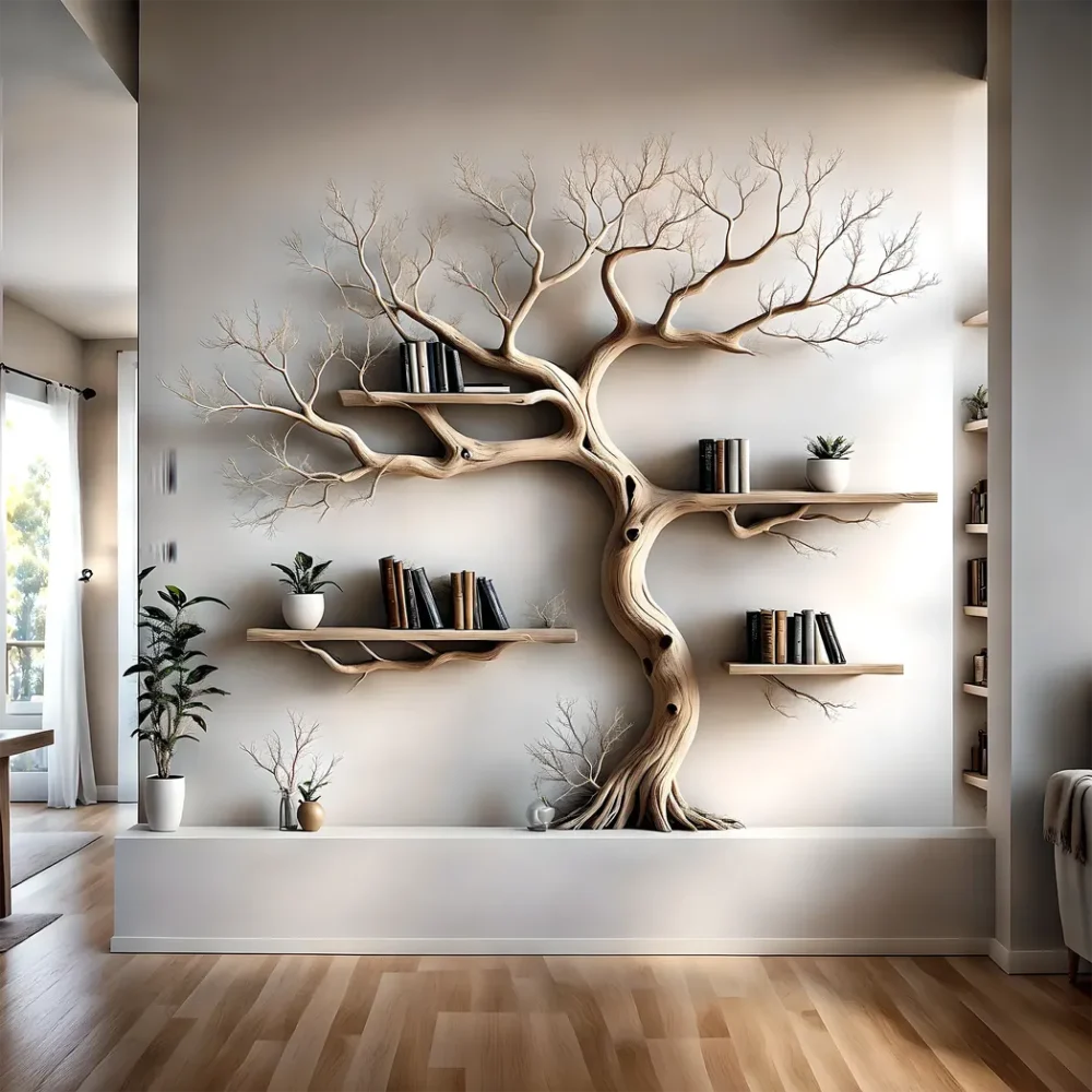 Wall-mounted bookshelf decorated with pine trees, driftwood bookshelf, living room decoration bookshelf, Christmas decoration