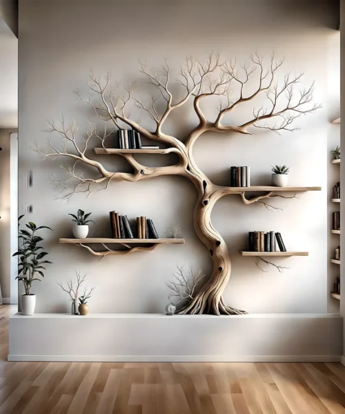 Wall-mounted bookshelf decorated with pine trees, driftwood bookshelf, living room decoration bookshelf, Christmas decoration
