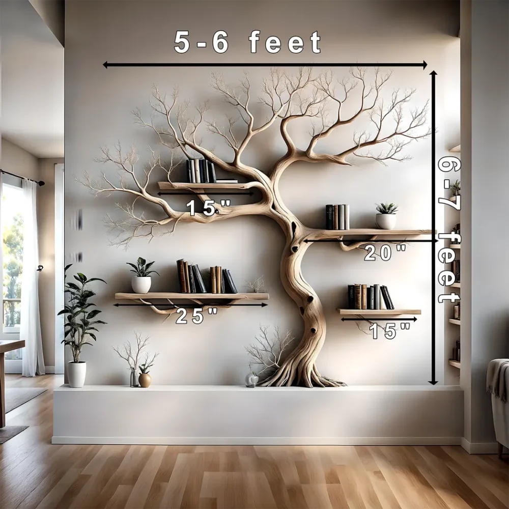 Wall-mounted bookshelf decorated with pine trees, driftwood bookshelf, living room decoration bookshelf, Christmas decoration - Image 2