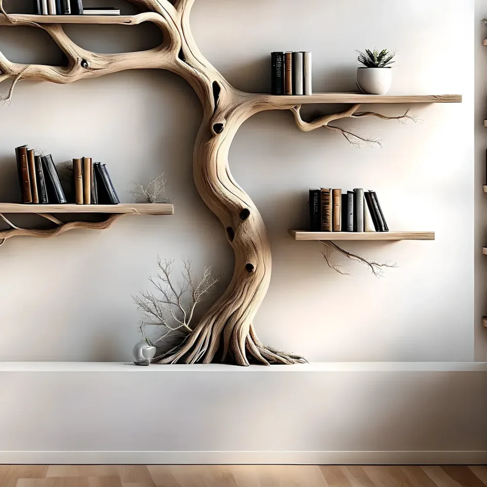 Wall-mounted bookshelf decorated with pine trees, driftwood bookshelf, living room decoration bookshelf, Christmas decoration - Image 3