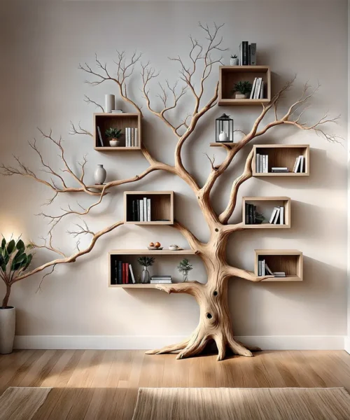 Tree-shaped bookshelf with box shelf, tree-shaped bookshelf, square floating shelf, home decoration