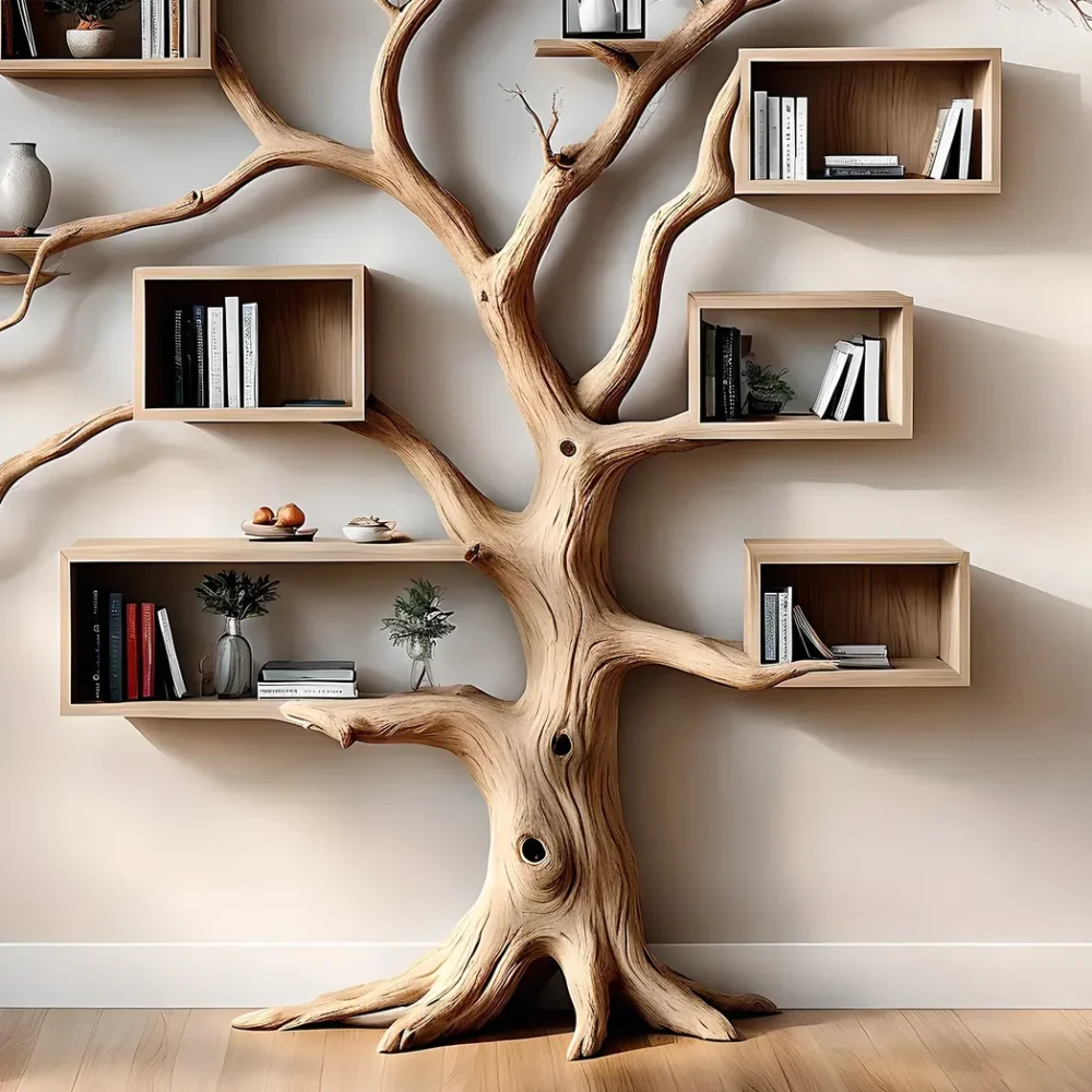 Tree-shaped bookshelf with box shelf, tree-shaped bookshelf, square floating shelf, home decoration - Image 2