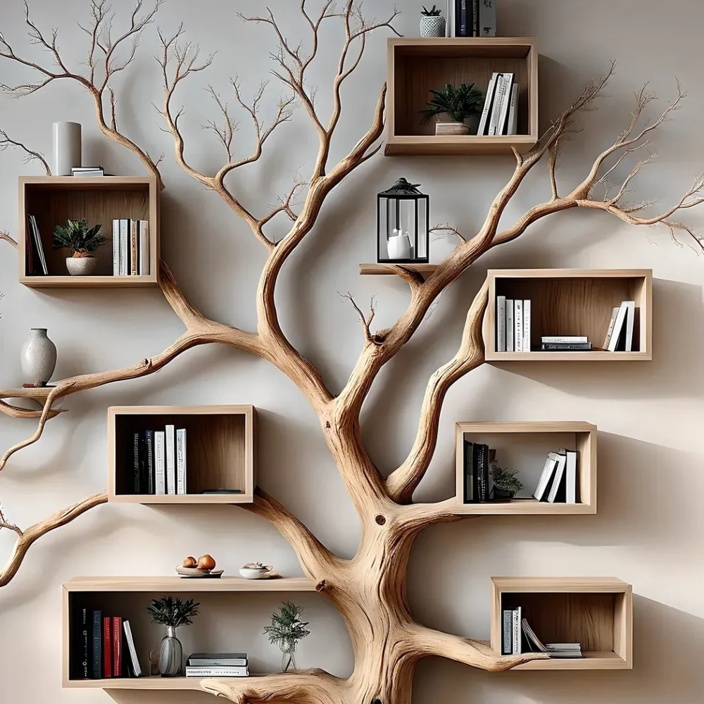 Tree-shaped bookshelf with box shelf, tree-shaped bookshelf, square floating shelf, home decoration - Image 3