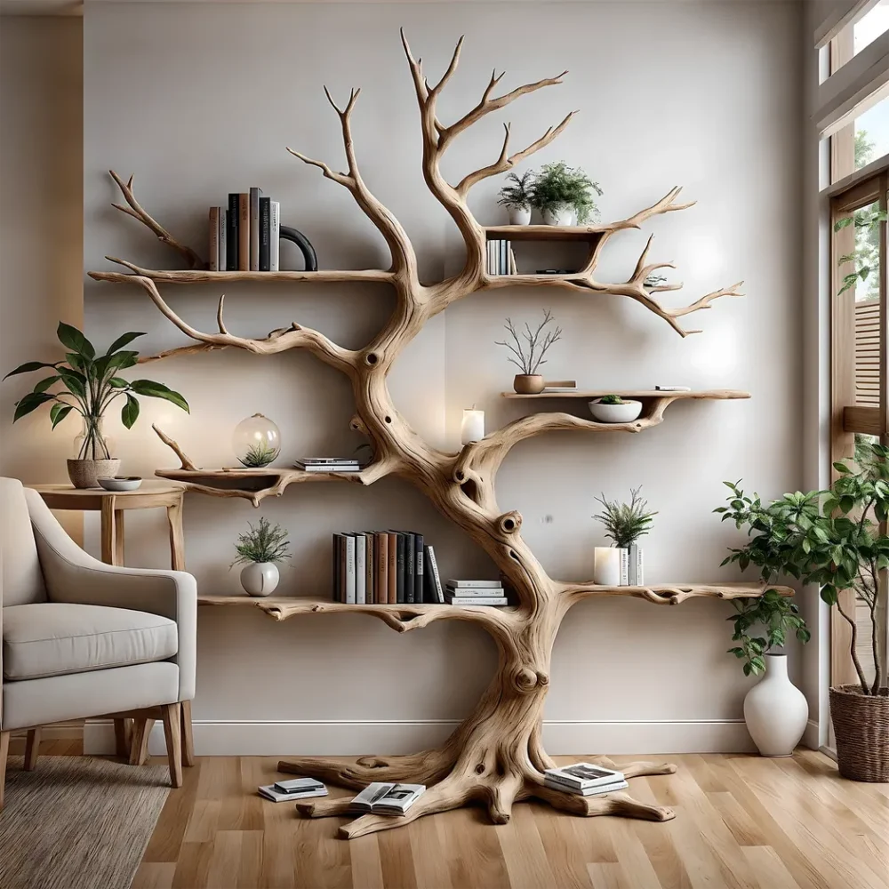 Tree-shaped driftwood bookshelf, solid wood bookshelf, perennial wood bookshelf, living room decoration shelf, home decoration