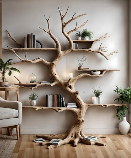 Tree-shaped driftwood bookshelf, solid wood bookshelf, perennial wood bookshelf, living room decoration shelf, home decoration