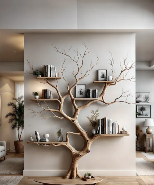 Tree-shaped wall-mounted bookshelf, solid wood scahs shelf, decorative wall shelf for living room decoration