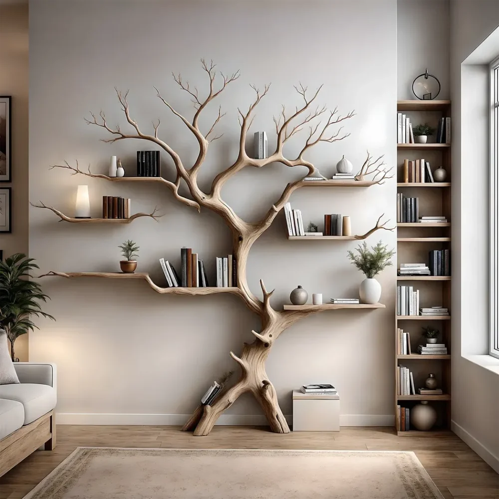 Wall-mounted bookshelf decorates the living room. Decorative bookshelf shaped like aged wood