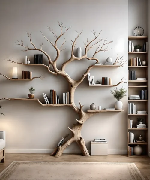 Wall-mounted bookshelf decorates the living room. Decorative bookshelf shaped like aged wood