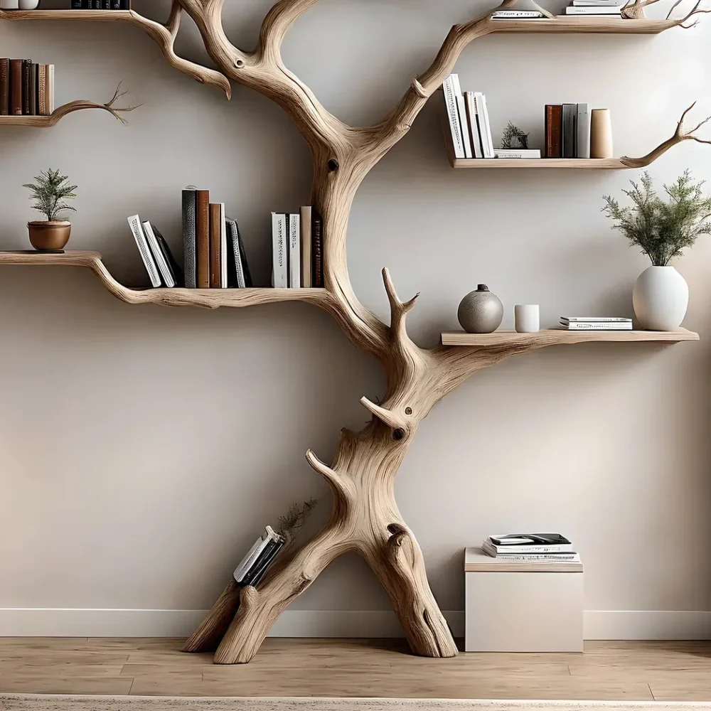 Wall-mounted bookshelf decorates the living room. Decorative bookshelf shaped like aged wood - Image 2