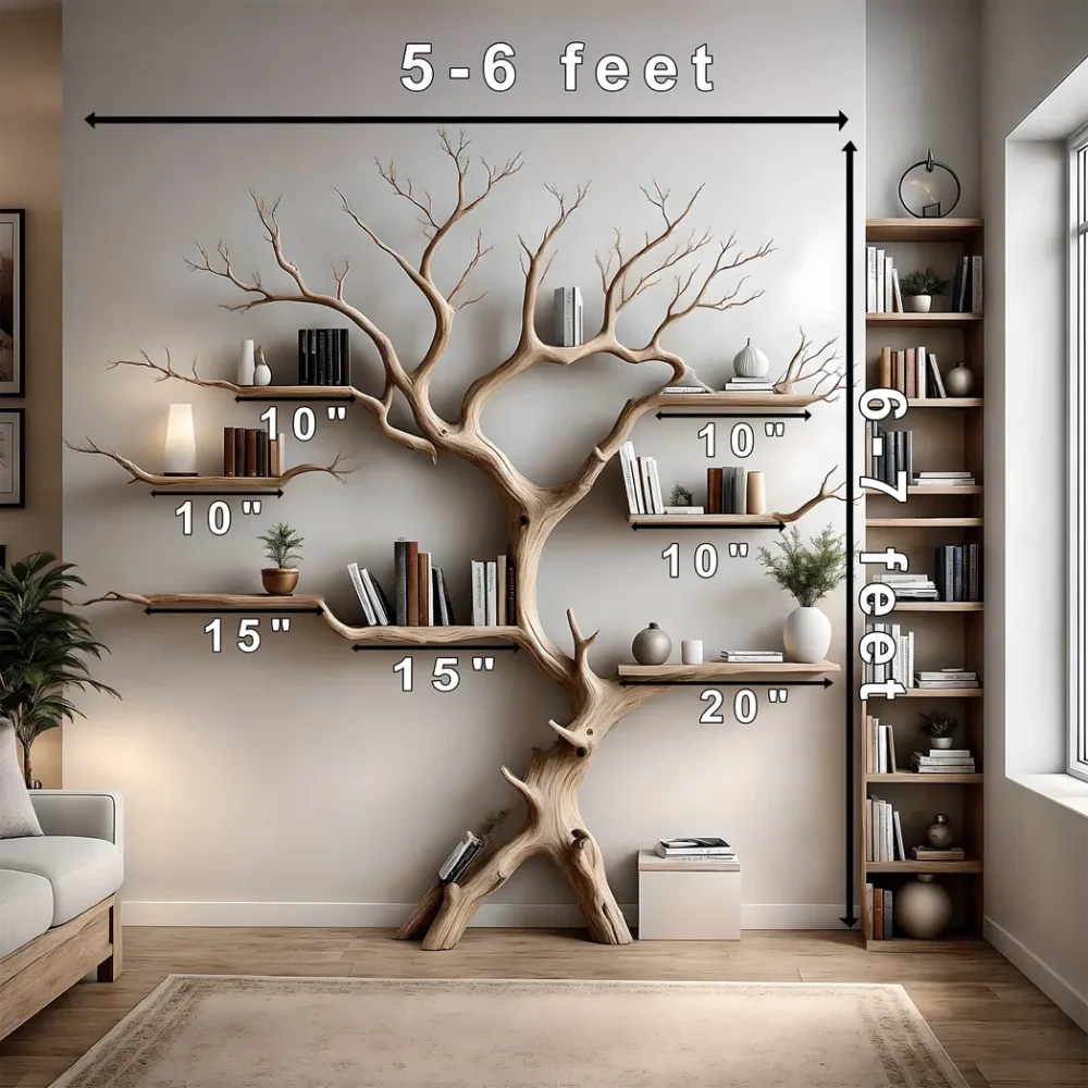 Wall-mounted bookshelf decorates the living room. Decorative bookshelf shaped like aged wood - Image 3