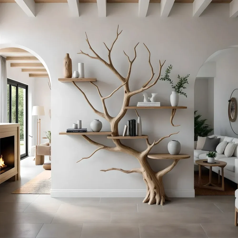 Wooden shelves to decorate the living room. Tree-shaped bookshelf, children's bookshelf