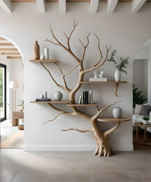 Wooden shelves to decorate the living room. Tree-shaped bookshelf, children's bookshelf