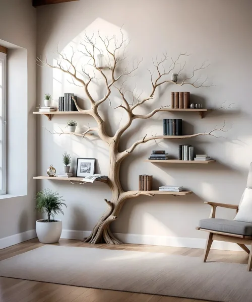 Tree shaped wall shelf, old wooden shelf. Decorative bookshelf