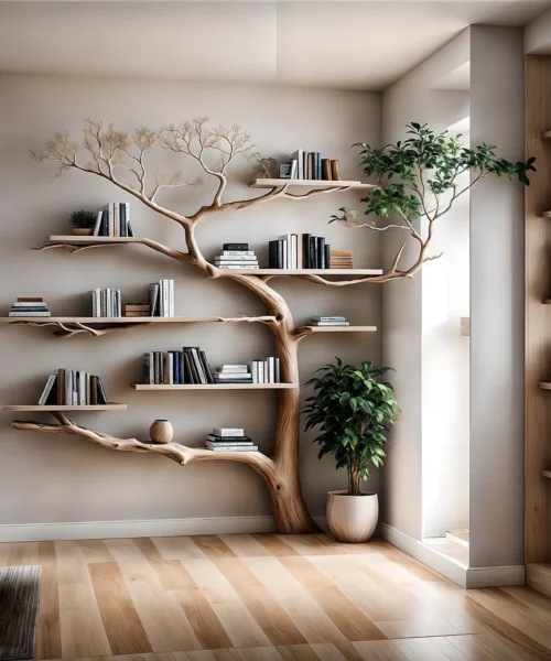 Tree shaped bookshelf, solid wood tree branch shelf, handmade wall hanging interior decoration for home