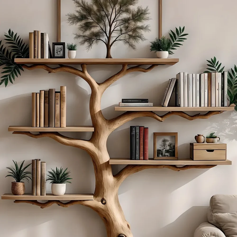 Tree-shaped solid wood floating corner bookshelf wall-mounted bookshelf bookcase handmade furniture decoration for home christmas gift - Image 2