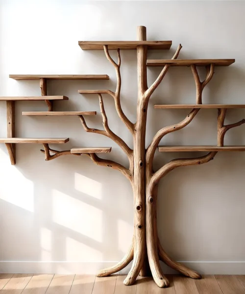 Tree shaped bookshelf, solid wood tree branch shelf, handmade wall hanging interior decoration for home