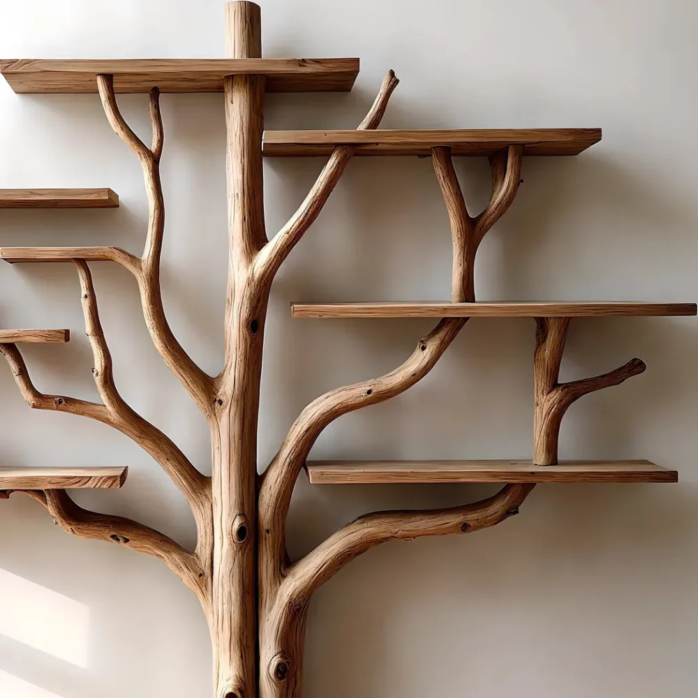 Tree shaped bookshelf, solid wood tree branch shelf, handmade wall hanging interior decoration for home - Image 2