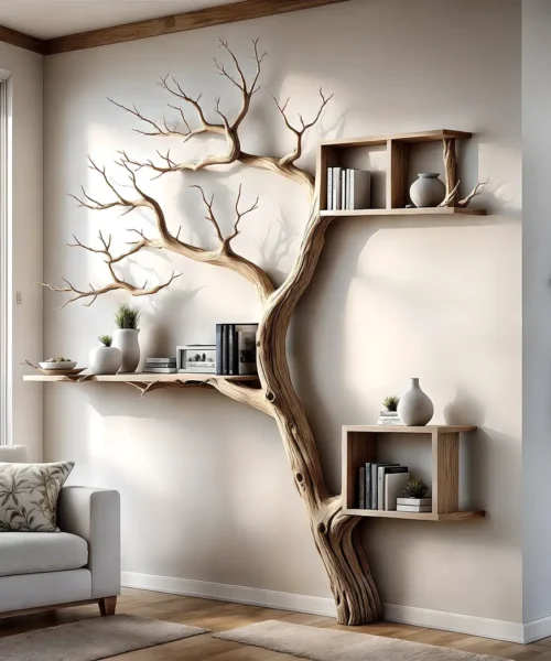 Tree-shaped bookshelf with box-shaped shelf decorates the corner of the wall