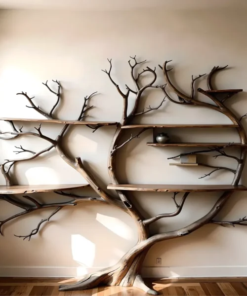 Wall-mounted bookshelf shaped like a natural tree