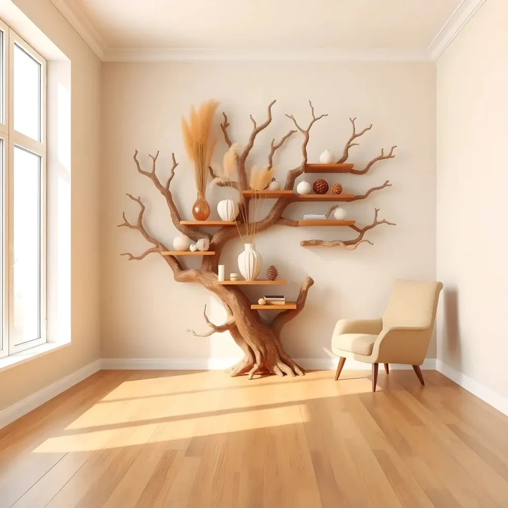 Tree shaped bookshelf, natural wood bookshelf, 100% handmade bookshelf.