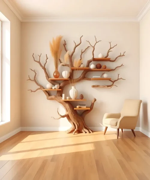 Tree shaped bookshelf, natural wood bookshelf, 100% handmade bookshelf.