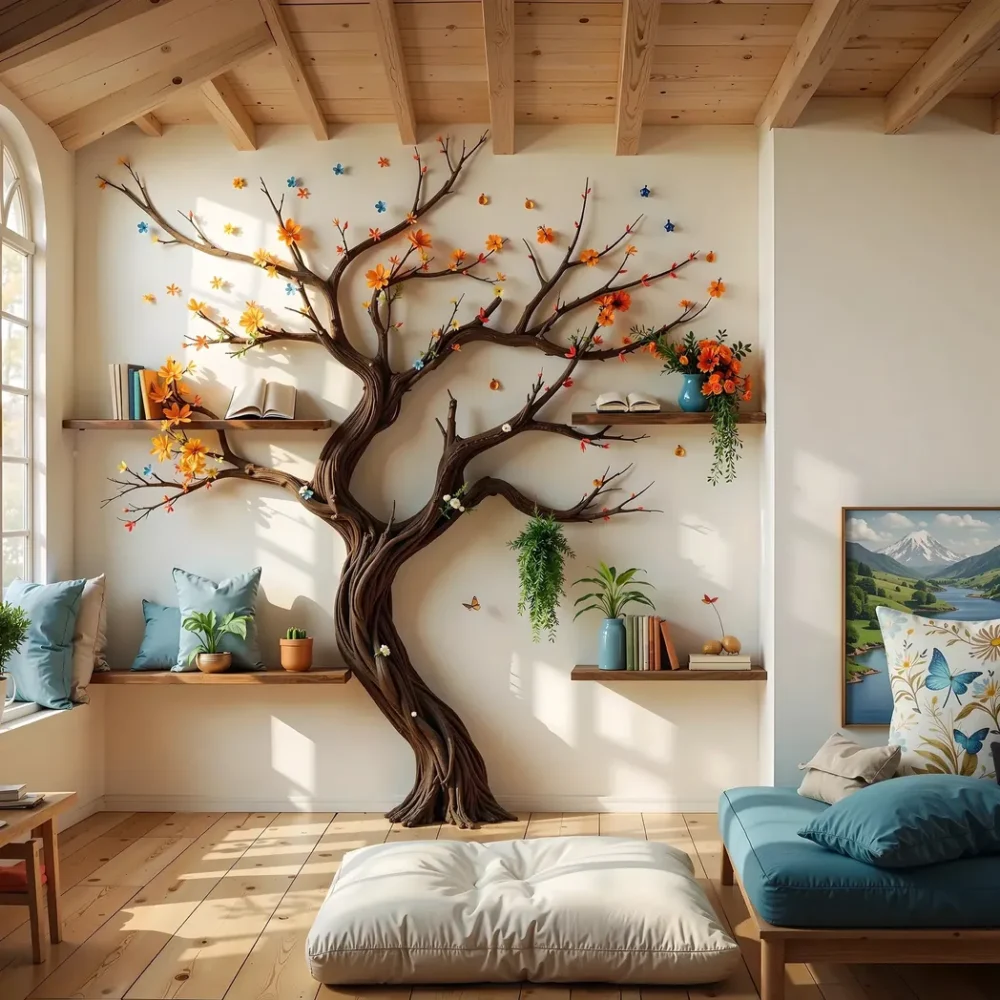 Wooden Tree Branch Bookshelf Handmade with Rustic Charm .